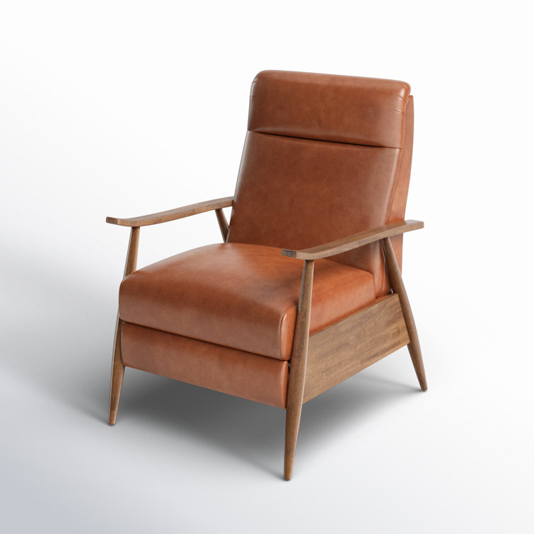 Caramel Mid-Century Modern Faux Leather Recliner with Wooden Arms