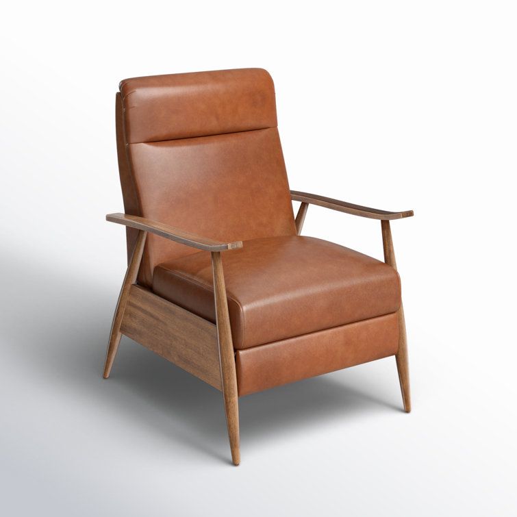 Caramel Mid-Century Modern Faux Leather Recliner with Wooden Arms