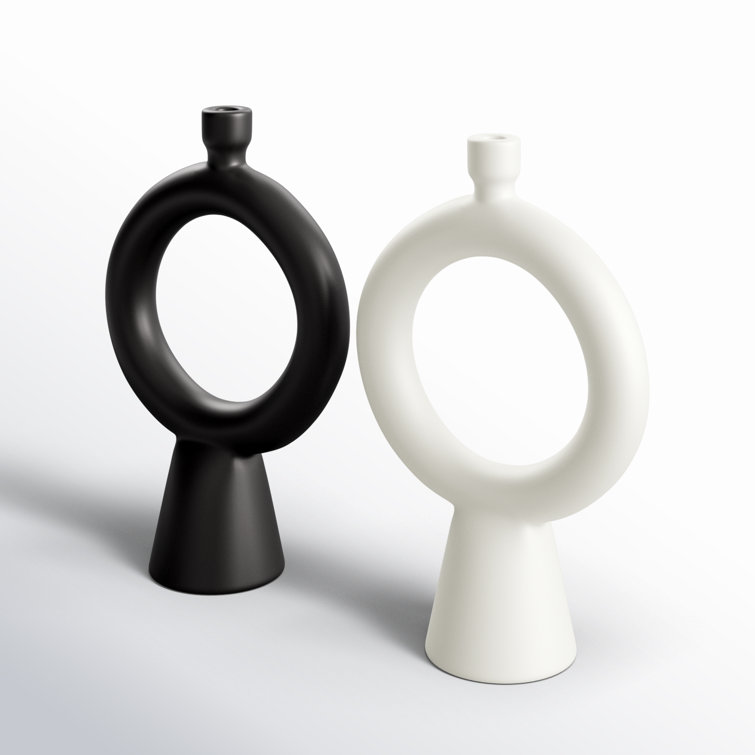 Black and White Ceramic Geometric Ring Tabletop Candlesticks, Set of 2