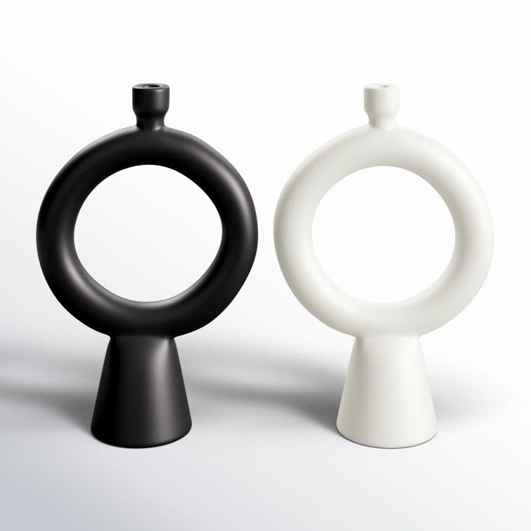 Black and White Ceramic Geometric Ring Tabletop Candlesticks, Set of 2
