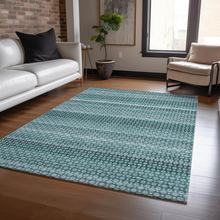 Teal and White Striped Synthetic Washable Area Rug