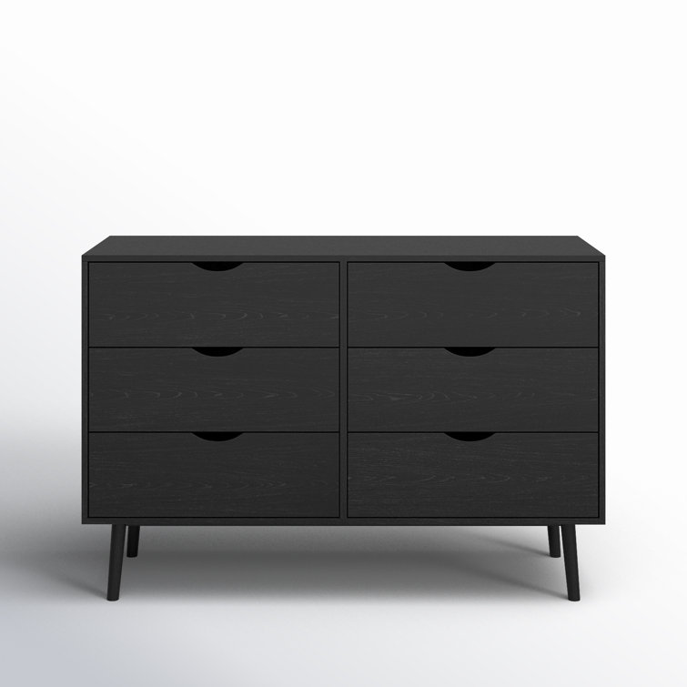 Indra Black Mid-century Modern Double Dresser with Six Drawers