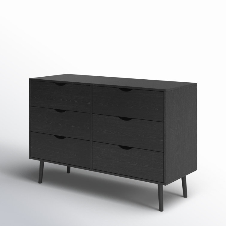 Indra Black Mid-century Modern Double Dresser with Six Drawers