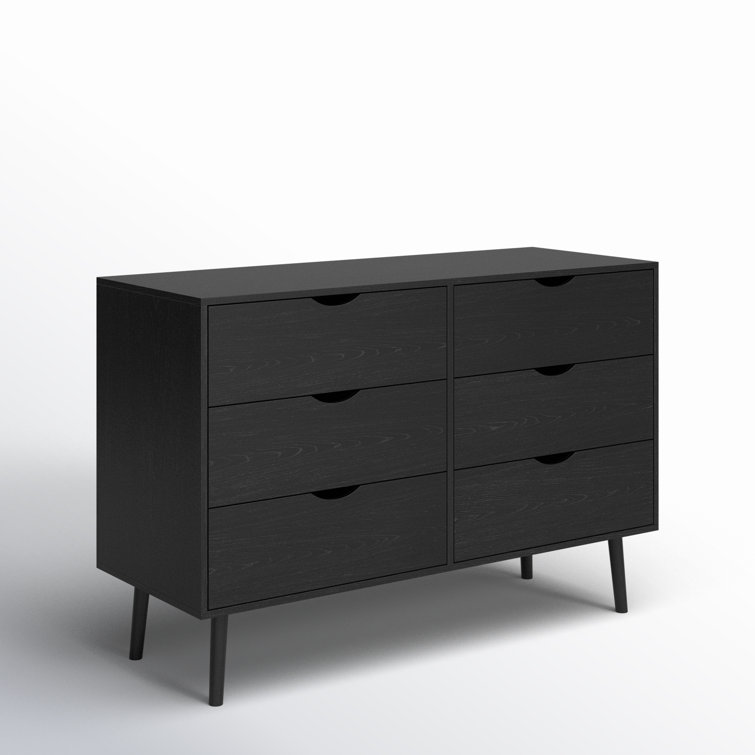 Indra Black Mid-century Modern Double Dresser with Six Drawers