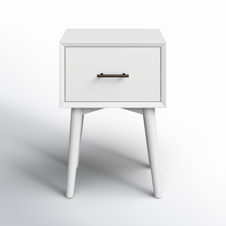 White Mid-Century Modern Solid Wood End Table with Storage