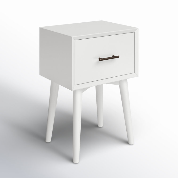 White Mid-Century Modern Solid Wood End Table with Storage