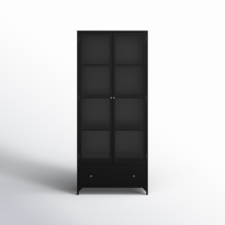 Elegant Black Iron Curio Cabinet with Glass Doors and Brass Knobs