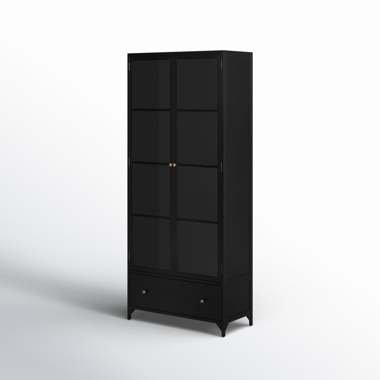 Elegant Black Iron Curio Cabinet with Glass Doors and Brass Knobs