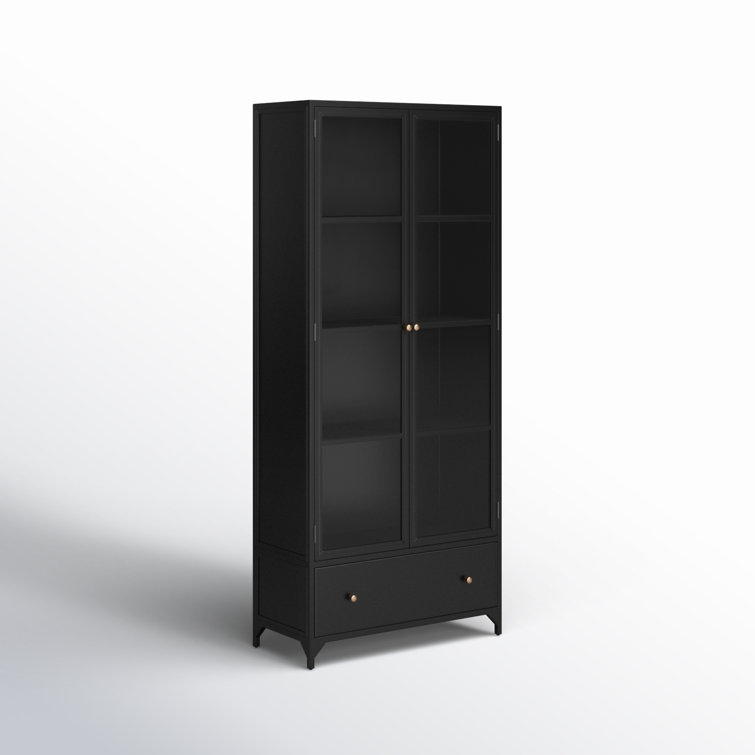 Elegant Black Iron Curio Cabinet with Glass Doors and Brass Knobs