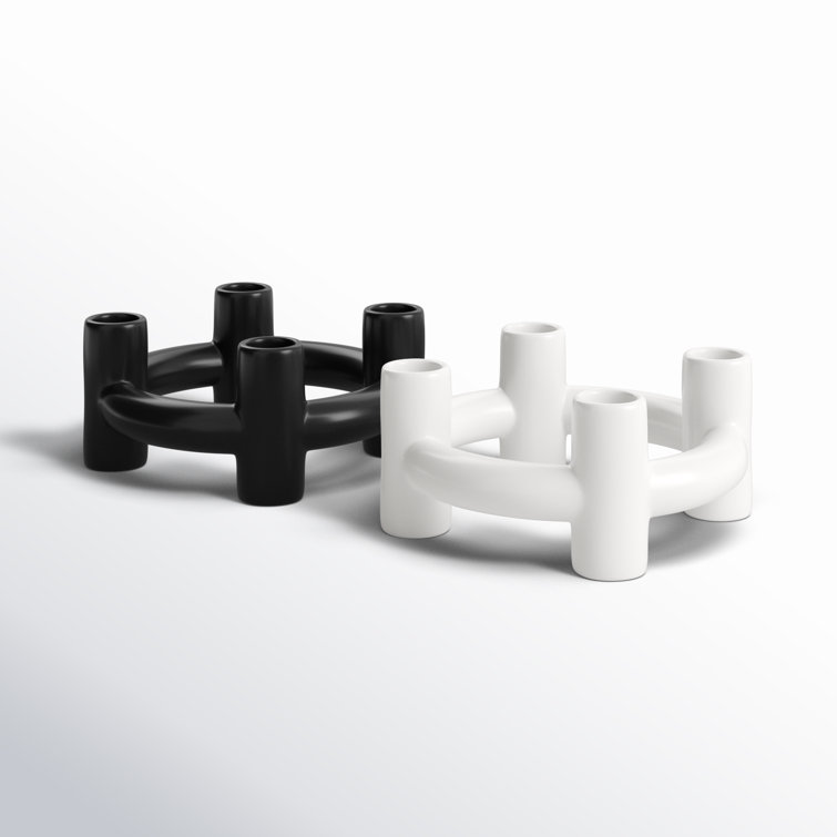 Black and White Ceramic Geometric Circle Candle Holders, Set of 2