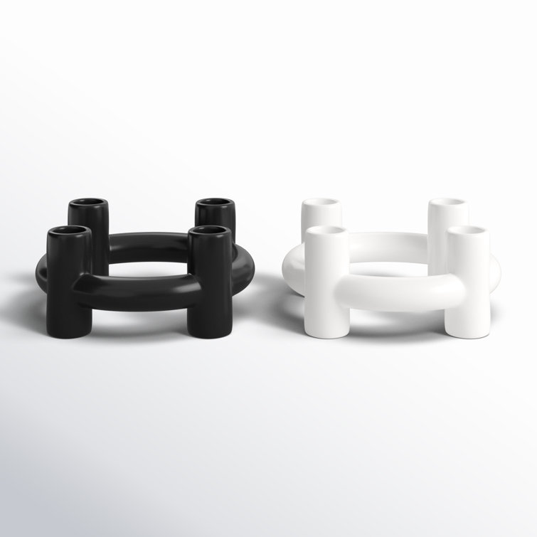 Black and White Ceramic Geometric Circle Candle Holders, Set of 2