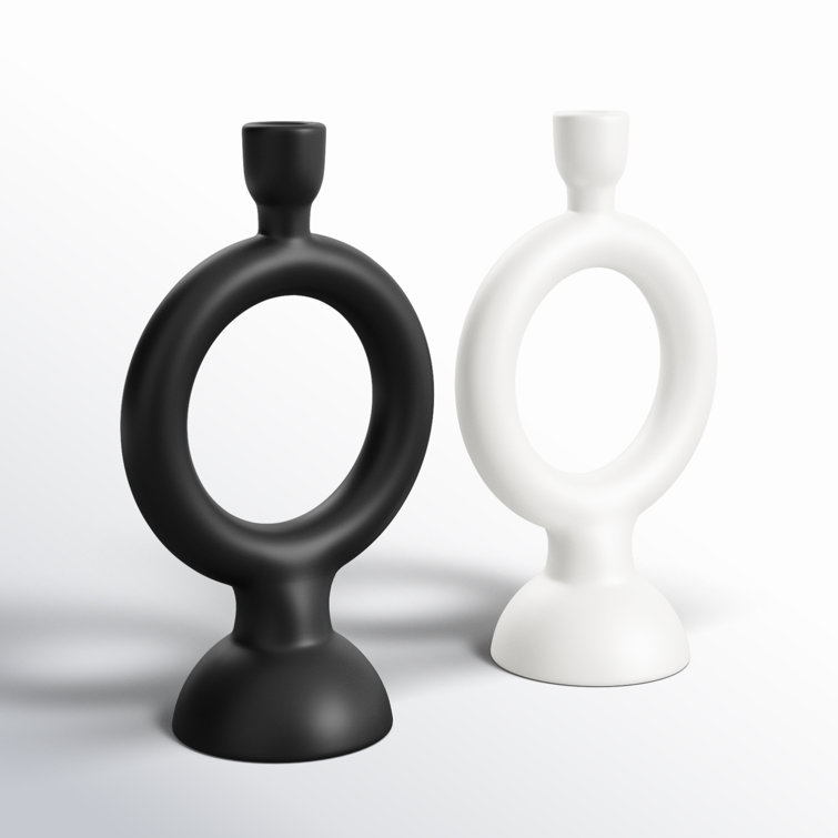 Modern Black and White Ceramic Circular Candlestick Set