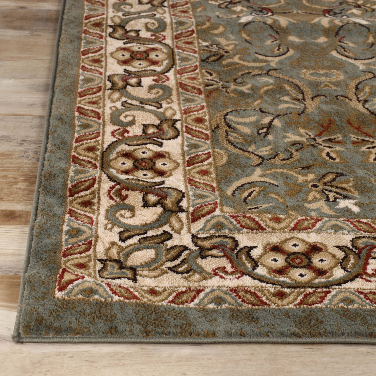 Ivory and Green Synthetic Traditional Floral 6' x 9' Area Rug