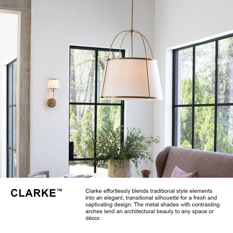 Lacquered Dark Brass Drum Chandelier with Off-White Linen Shade