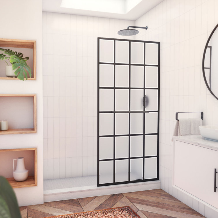 French Linea 34" Black Frameless Frosted Glass Shower Door