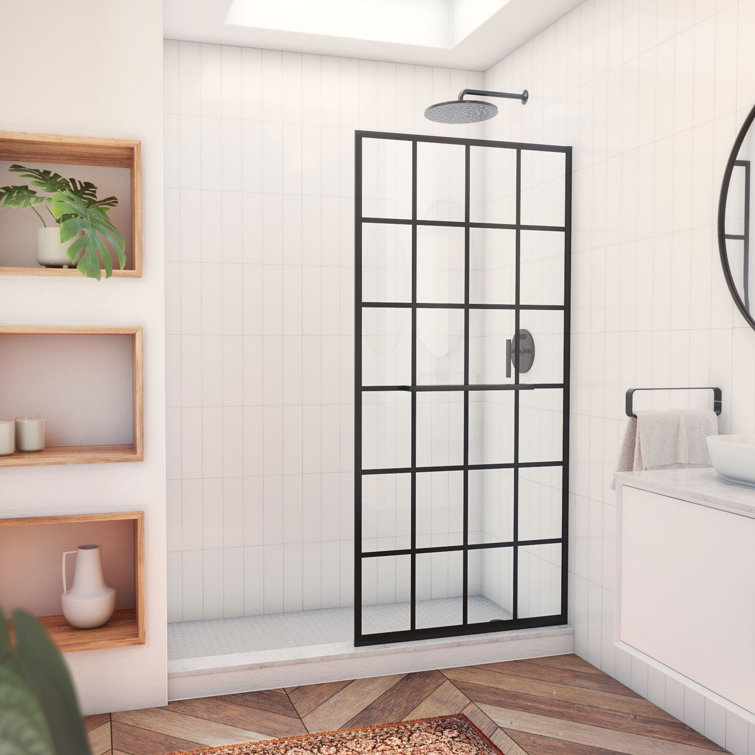 French Linea 34" Black Frameless Shower Door with Frosted Glass