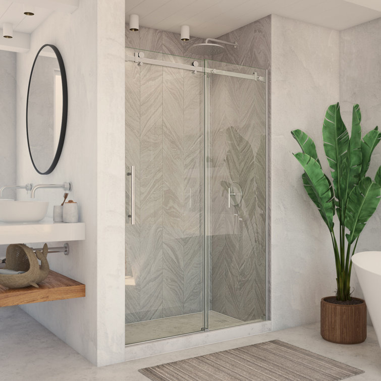 Polished Stainless Steel Frameless Sliding Shower Door with Clear Glass