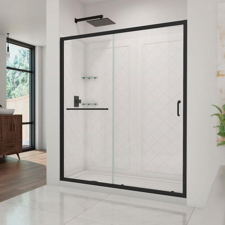 Matte Black Clear Glass Sliding Shower Kit with Left Drain