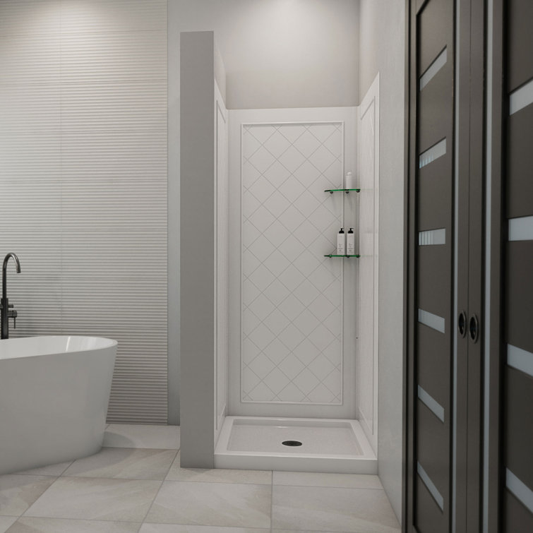 White Acrylic Square Alcove Shower Kit with Tile Pattern