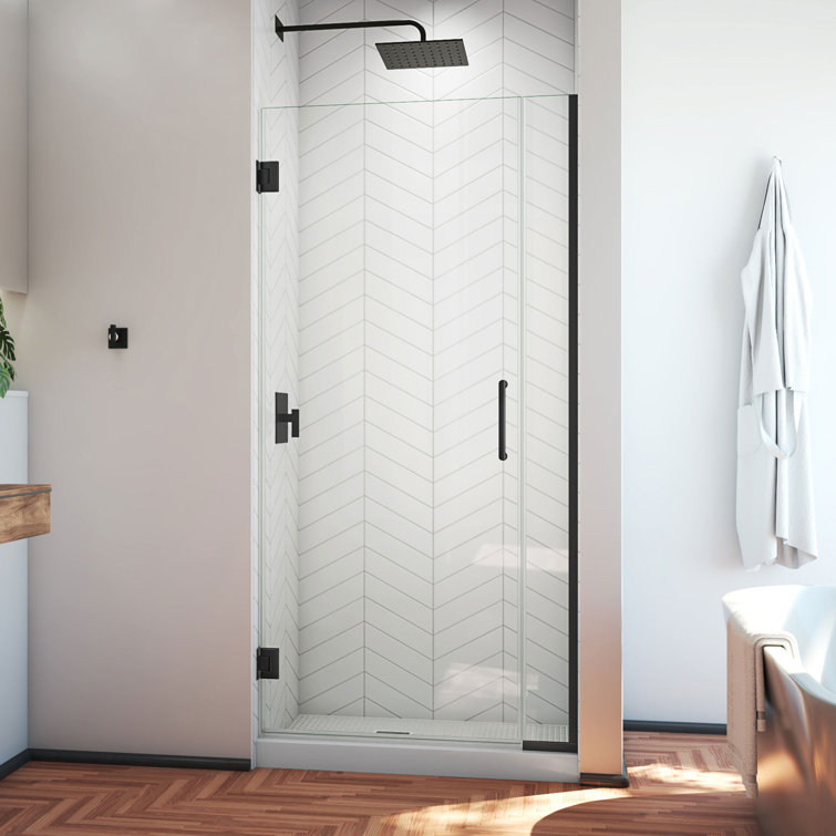 Matte Black Frameless Hinged Shower Door with Clear Glass