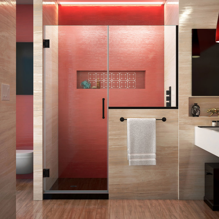 Matte Black Frameless Hinged Shower Door with Clear Glass