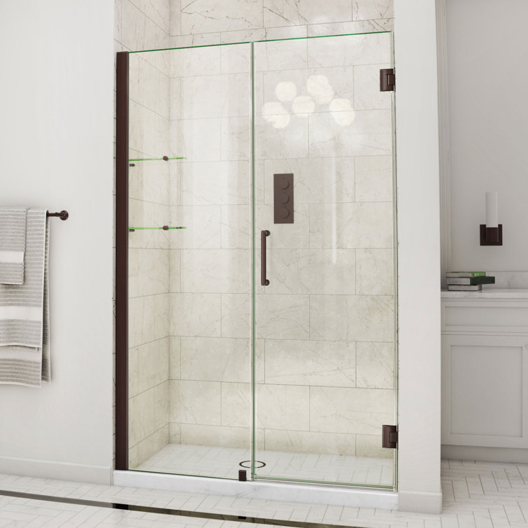 Unidoor Frameless Hinged Shower Door with Clear Glass and Black Hardware