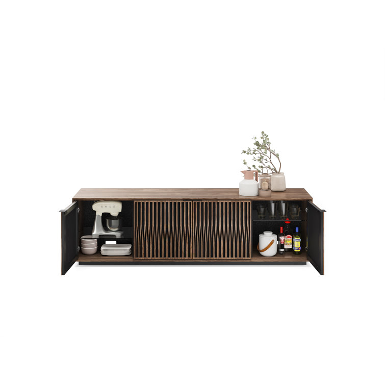 Natural Walnut and Black Media Cabinet with Rolling Base