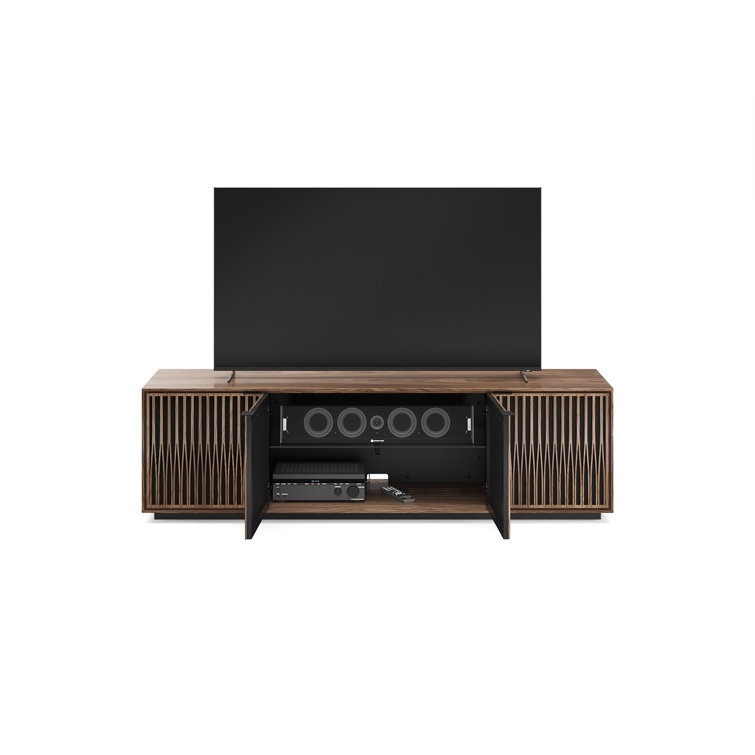Natural Walnut and Black Media Cabinet with Rolling Base
