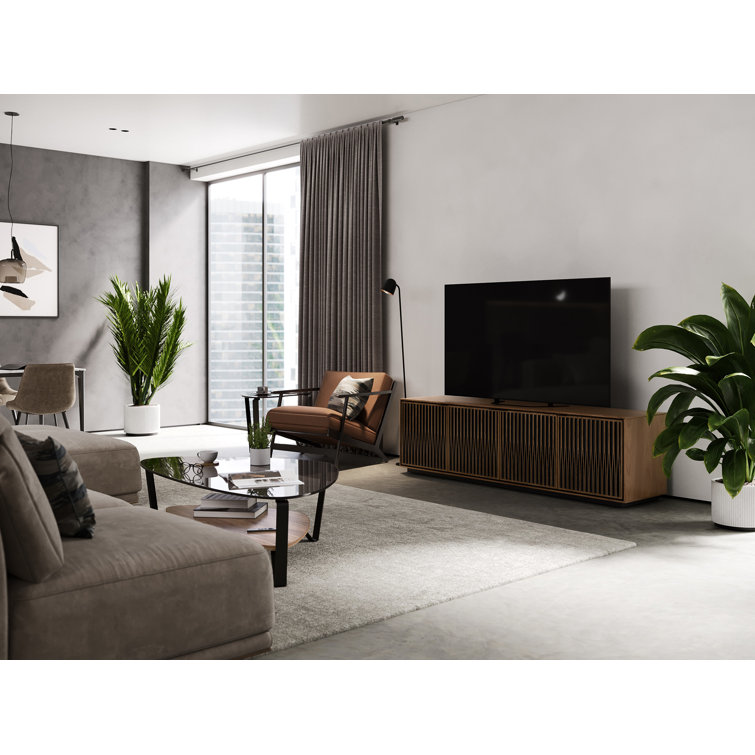 Natural Walnut and Black Media Cabinet with Rolling Base
