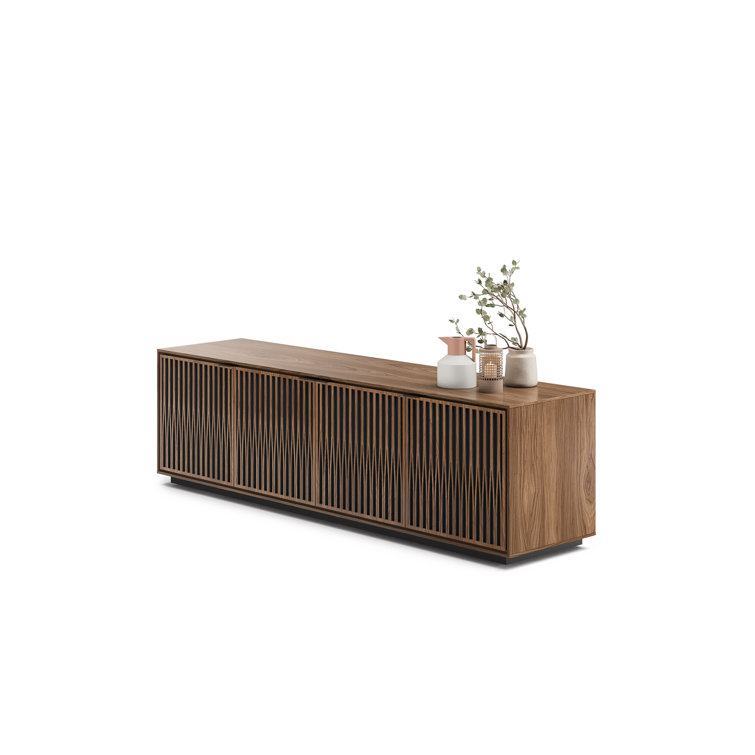 Natural Walnut and Black Media Cabinet with Rolling Base