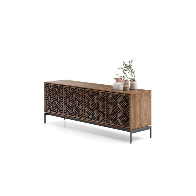 Natural Walnut and Black Patterned Media Console with Cabinet