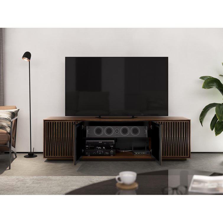 Natural Walnut and Black Media Cabinet with Rolling Base