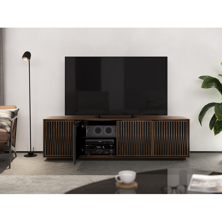 Natural Walnut and Black Media Cabinet with Rolling Base