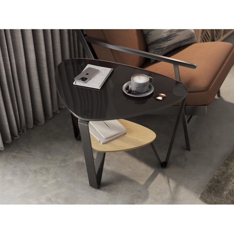 Triangular Brushed Carbon Washed Oak Glass End Table
