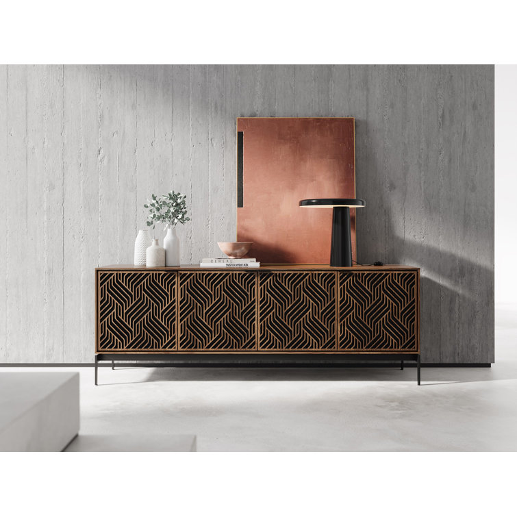 Natural Walnut and Black Patterned Media Console with Cabinet