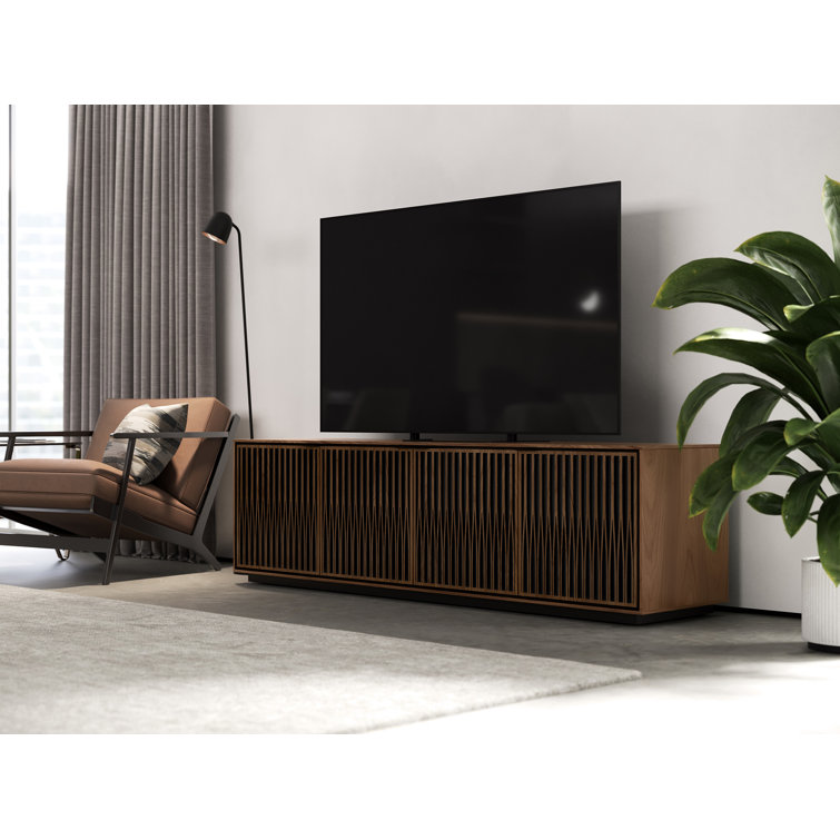 Natural Walnut and Black Media Cabinet with Rolling Base