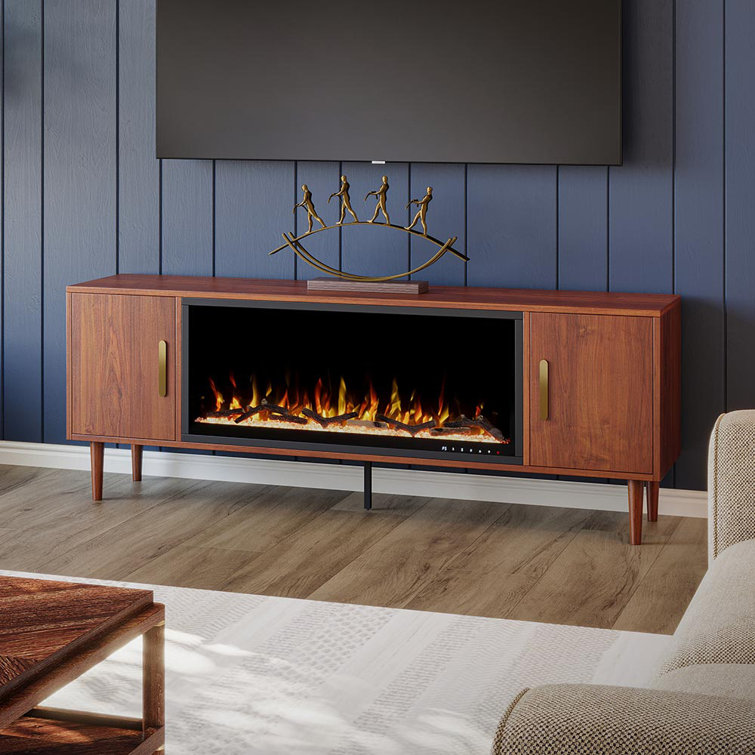 Marcel Walnut 75" TV Stand with Smart Electric Fireplace