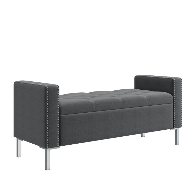 Charcoal Gray Velvet Tufted Storage Ottoman with Square Arms and Pewter Nailhead Trim