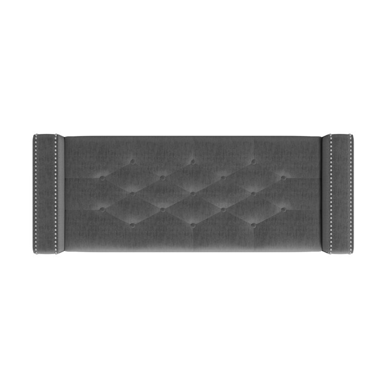 Charcoal Gray Velvet Tufted Storage Ottoman with Square Arms and Pewter Nailhead Trim