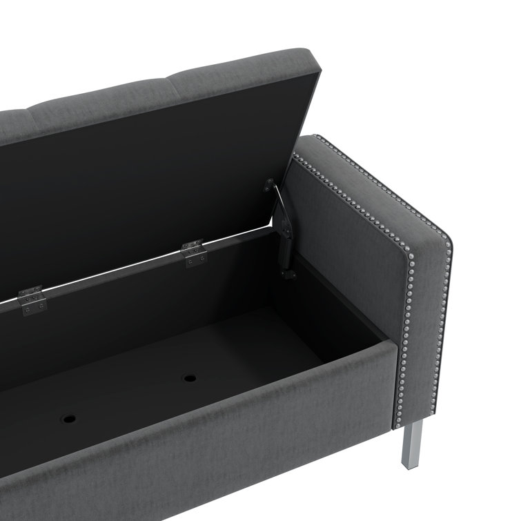 Charcoal Gray Velvet Tufted Storage Ottoman with Square Arms and Pewter Nailhead Trim
