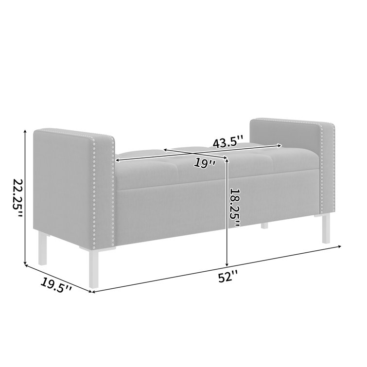 Charcoal Gray Velvet Tufted Storage Ottoman with Square Arms and Pewter Nailhead Trim