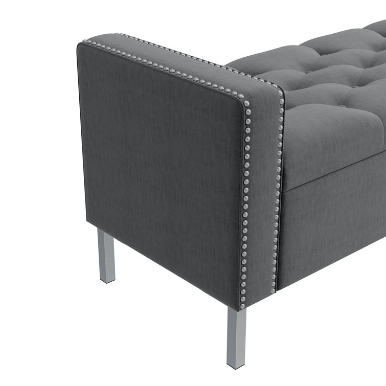 Charcoal Gray Velvet Tufted Storage Ottoman with Square Arms and Pewter Nailhead Trim