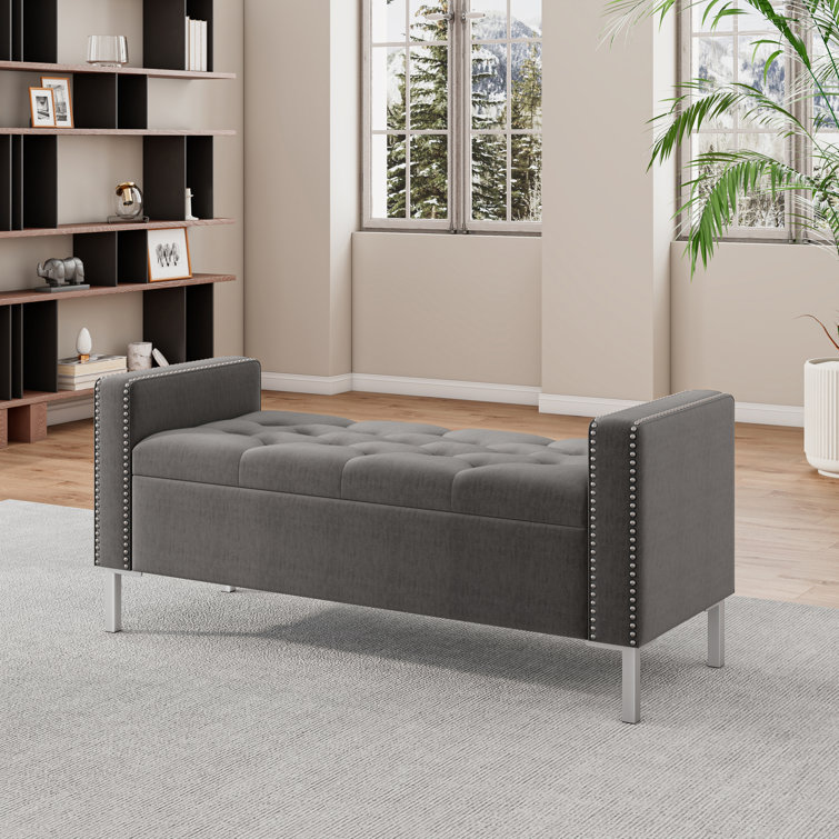 Charcoal Gray Velvet Tufted Storage Ottoman with Square Arms and Pewter Nailhead Trim