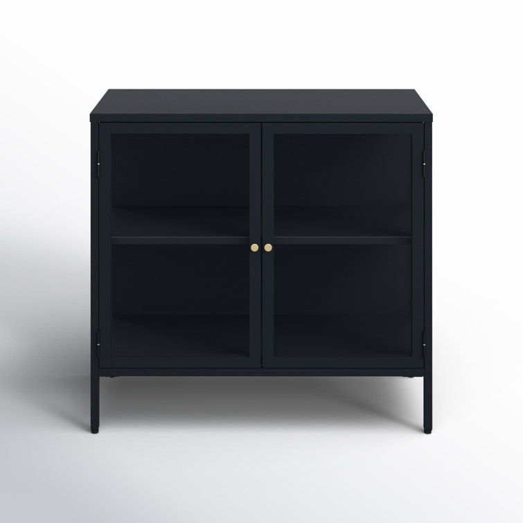 Black and Gold Metal Glass-Paned Storage Cabinet