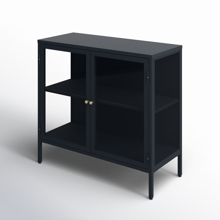 Black and Gold Metal Glass-Paned Storage Cabinet