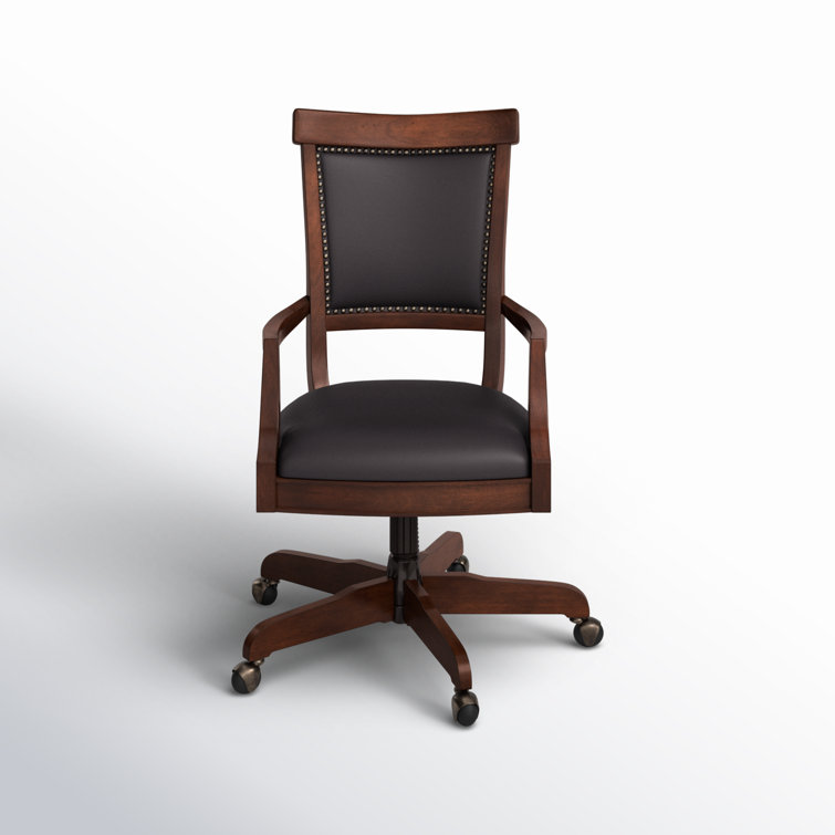 Traditional Cognac Brown Leather & Wood Swivel Desk Chair