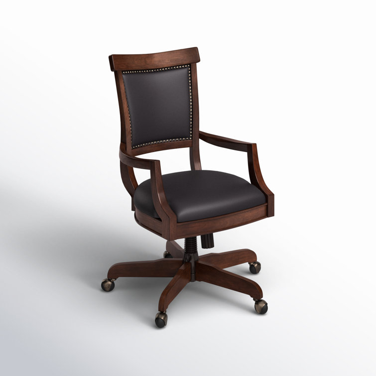 Traditional Cognac Brown Leather & Wood Swivel Desk Chair