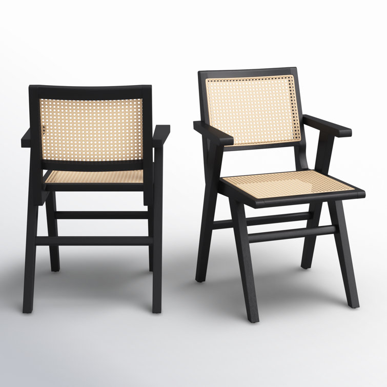 Elegant Coastal Black Wood and Natural Cane Armchair, 23"x33"