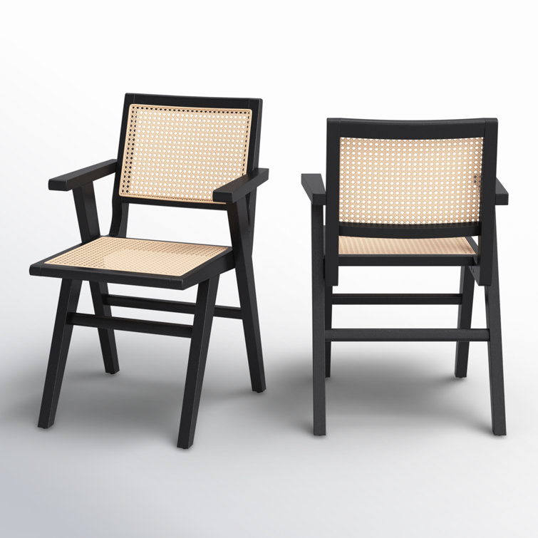 Elegant Coastal Black Wood and Natural Cane Armchair, 23"x33"