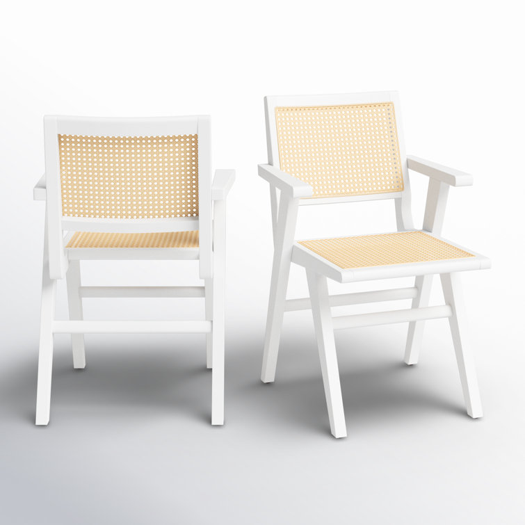 Hattie Coastal White Wood & Natural Cane Armchair Set of 2